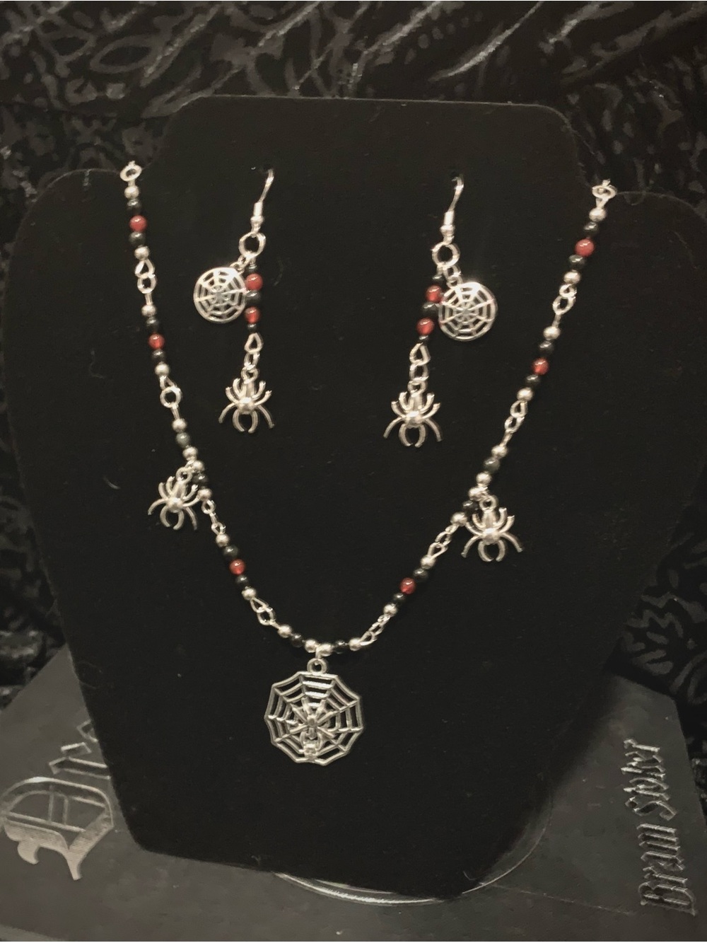 Silver Spider Web Pendant Necklace and Earring Set with Carnelian Beads